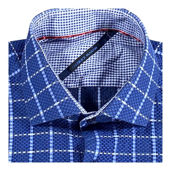 Fredrick Martin Shirt Mens M Cotton Blue Plaid Textured Embroidered Logo Pocket - Picture 8 of 16